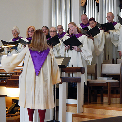 the choir leads the singing of a hymn during a Sunday morning worship service at Kernersville Moravian Church