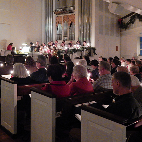 Annual Lovefeast at Kernersville Moravian where attendees participate in singing of seasonal chorals